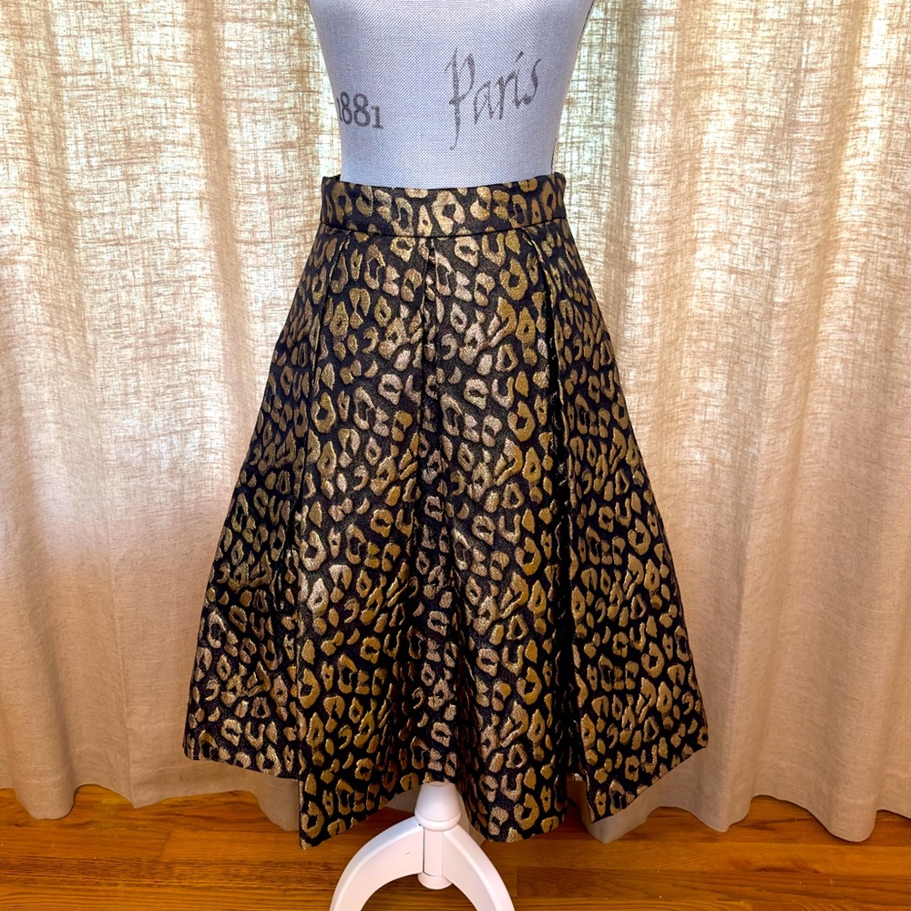 ELIZA J Black & Gold Leopard Print Swing Pleated Skirt with Side Pockets Size 4